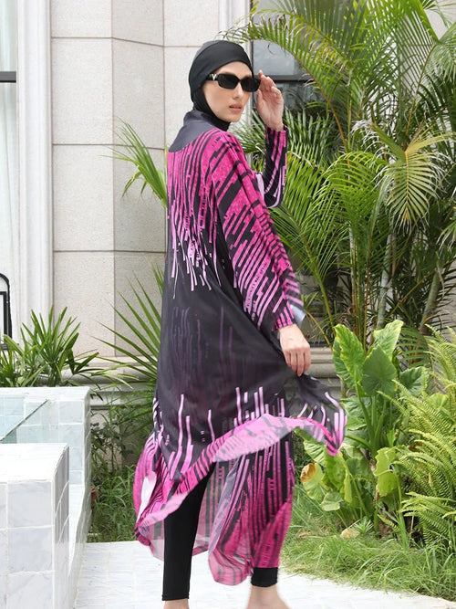 Mandotos International modest coverage Muslim burkini in navy blue, stylish swimwear with full coverage for middle-aged women.