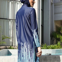 Mandotos International modest Muslim burkini with full coverage, stylish design, and functional swimwear for middle-aged women, in navy blue.