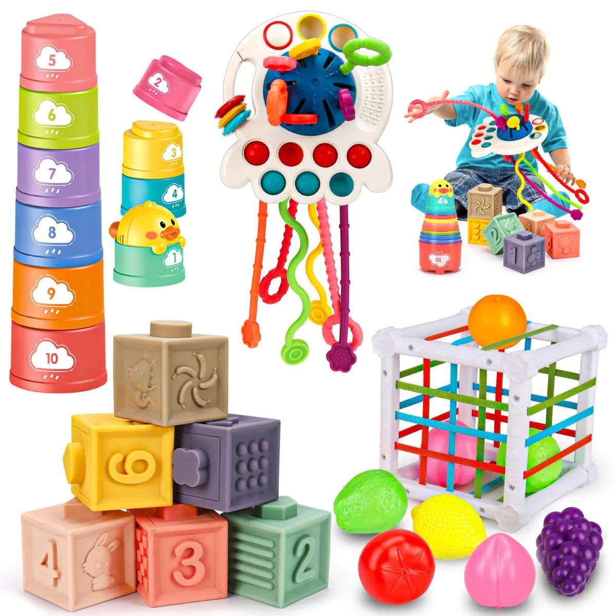 Mandotos International Montessori infant development toy set for ages 6-12 months, featuring colorful, safe educational toys for babies.