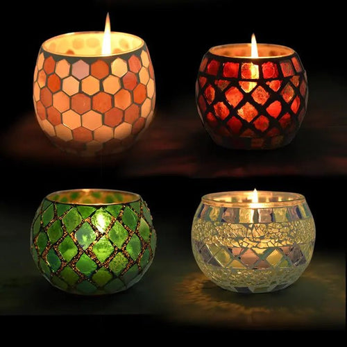 Mosaic glass tealight holder by Mandotos International, decorative wedding and party centerpiece with colorful glass design.