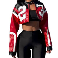 MotoChic Faux Leather Y2K jacket by MANDOTOS INTERNATIONAL, stylish black jacket with retro Y2K design, front zipper and fitted silhouette.
