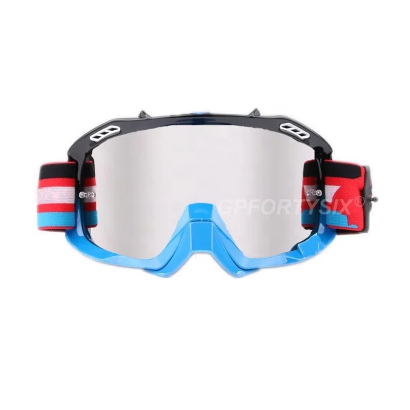 Mandotos International mountain bike goggles and off-road motorcycle sunglasses with tinted lenses and adjustable strap.
