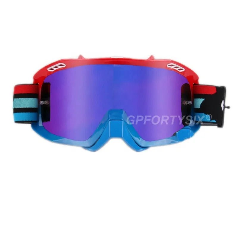 Mandotos International mountain bike goggles and off-road motorcycle sunglasses with tinted lenses and adjustable straps.