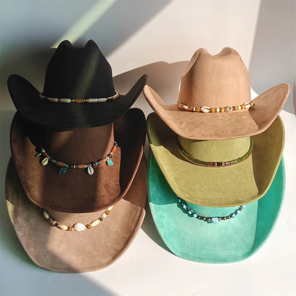 Vegan suede cowboy hat with a wide brim, classic fedora style, suitable for women and men, fashion-forward all-match accessory.