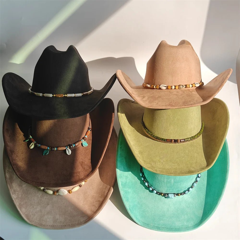 Vegan suede cowboy hat with a wide brim, unisex felt fedora style, stylish and versatile for women and men by MANDOTOS INTERNATIONAL.