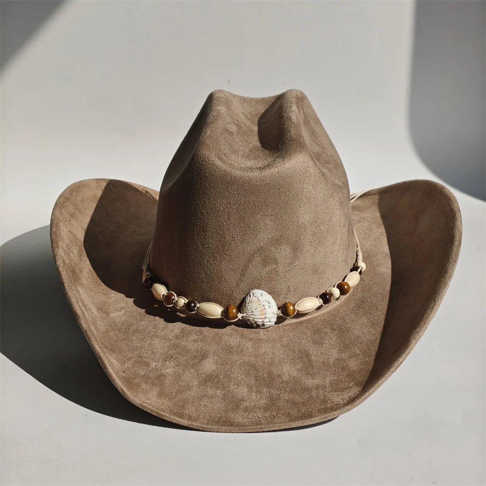 Vegan suede cowboy hat with a wide brim, unisex felt fedora style, stylish cowgirl and cowboy hat for women and men.