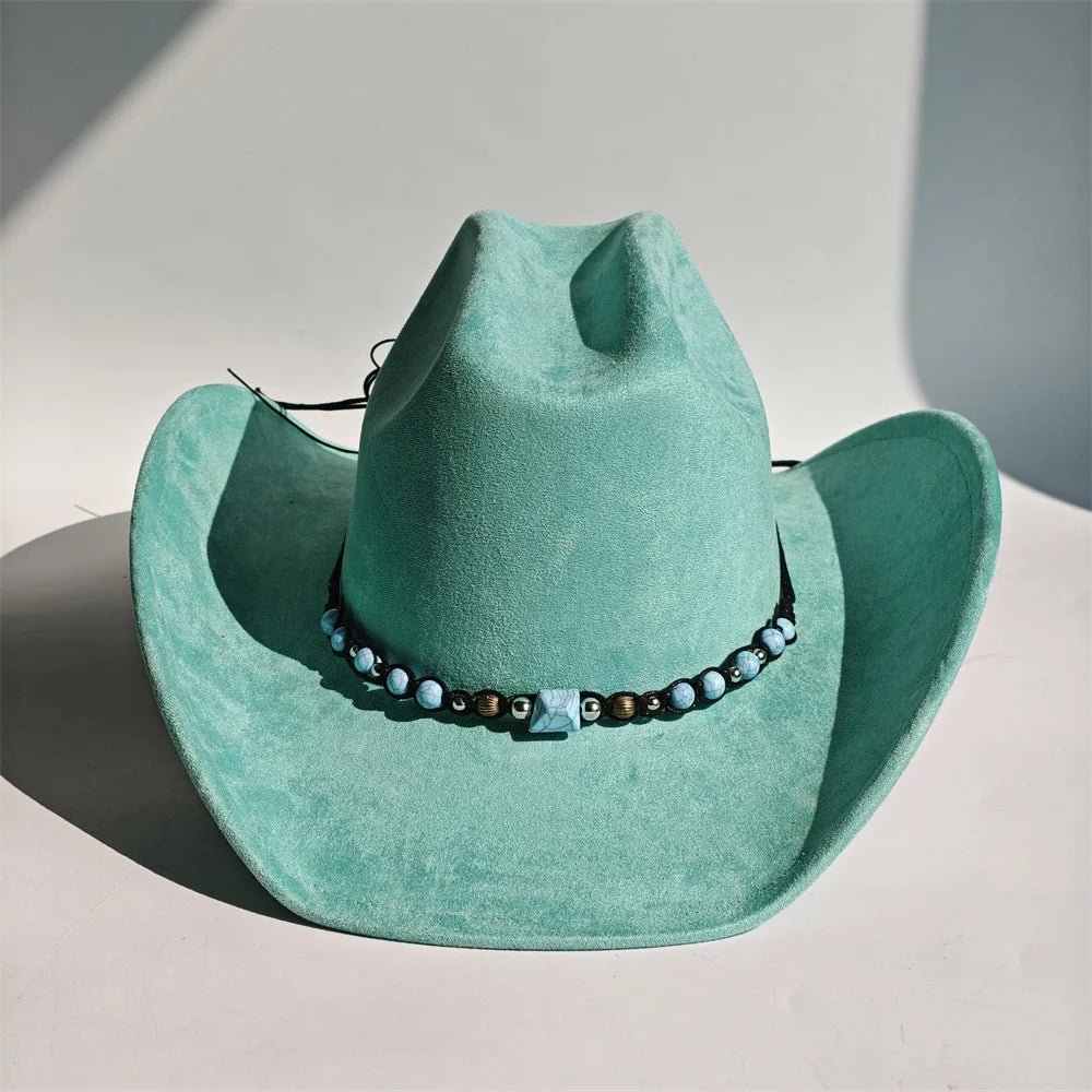 Vegan suede cowboy hat with a wide brim, stylish felt fedora for women and men, classic all-match cowgirl and cowboy fashion.