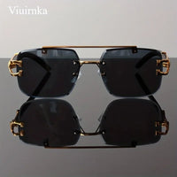 Mandotos International rimless square sunglasses with leopard print and wood grain design for men and women.