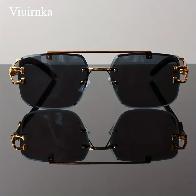 Mandotos International rimless square sunglasses with leopard print and wood grain design for men and women.