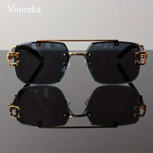 Mandotos International rimless square sunglasses with leopard print and wood grain design for men and women.