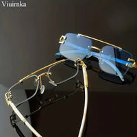 Bridge rimless square sunglasses by MANDOTOS INTERNATIONAL with trendy leopard print and wood grain design for men and women.