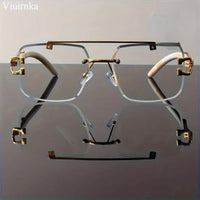 Bridge rimless square sunglasses by MANDOTOS INTERNATIONAL with trendy leopard print and wood grain design for men and women.