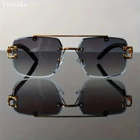 Rimless square sunglasses by MANDOTOS INTERNATIONAL with leopard print and wood grain design, suitable for men and women.