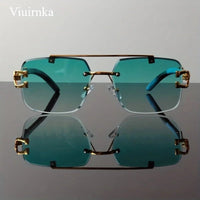Bridge rimless square sunglasses by MANDOTOS INTERNATIONAL with trendy leopard print and wood grain design for men and women.