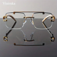 Rimless square sunglasses by MANDOTOS INTERNATIONAL with leopard print and wood grain design for men and women.