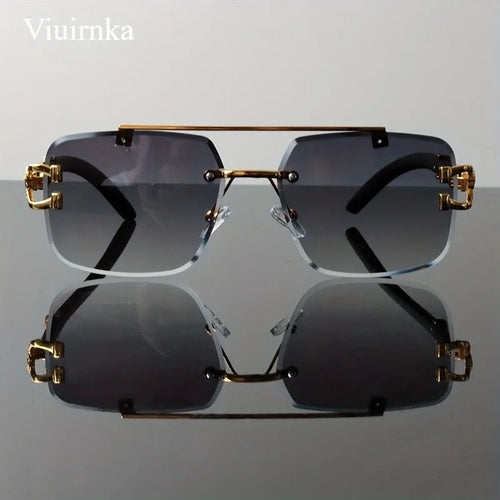 Bridge rimless square sunglasses by Mandotos International with trendy leopard print and wood grain design for men and women.