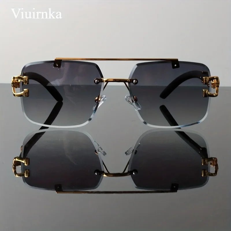 Bridge rimless square sunglasses by Mandotos International with trendy leopard print and wood grain design for men and women.