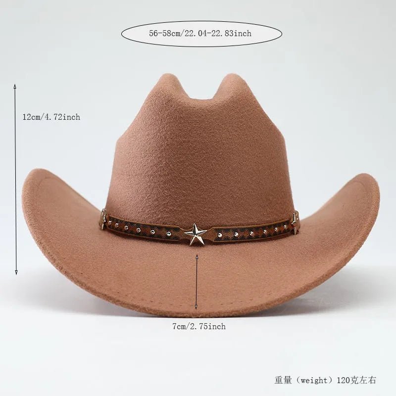 New denim cowboy hats for men and women with five-pointed star belt detail, made of soft woolen material by MANDOTOS INTERNATIONAL.