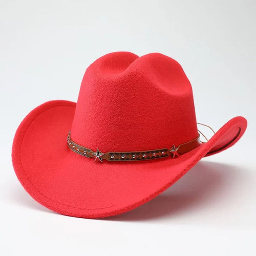 Mandotos International denim cowboy hats for men and women with five-pointed star belt design and soft woolen texture.