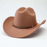 Mandotos International denim cowboy hat for men and women, soft woolen material with five-pointed star belt design.