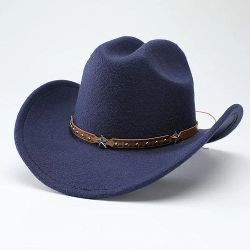 Mandotos International denim cowboy hats for men and women with five-pointed star belt design and soft woolen material.