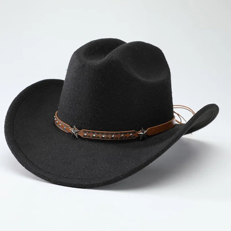 Mandotos International denim cowboy hats for men and women, soft woolen with five-pointed star belt detail, Western style accessory