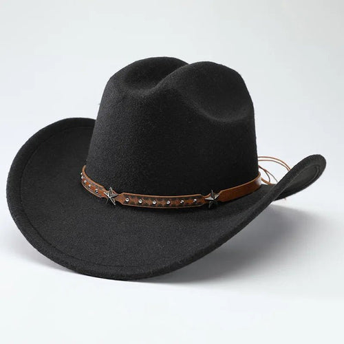 Mandotos International denim cowboy hats for men and women, soft woolen with five-pointed star belt detail, Western style accessory