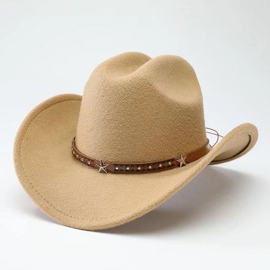 Mandotos International denim cowboy hats for men and women with five-pointed star belt design and soft woolen material.