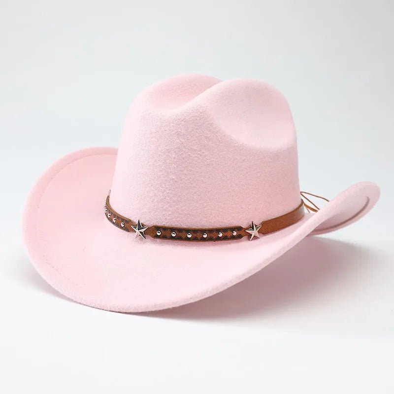 Mandotos International denim cowboy hats for men and women with five-pointed star belt design and soft woolen material.