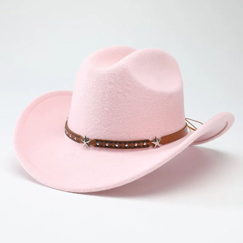 Mandotos International denim cowboy hats for men and women with five-pointed star belt design and soft woolen material.