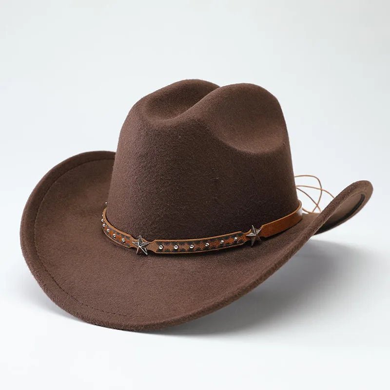 Mandotos International denim cowboy hats for men and women with five-pointed star belt design and soft woolen material.