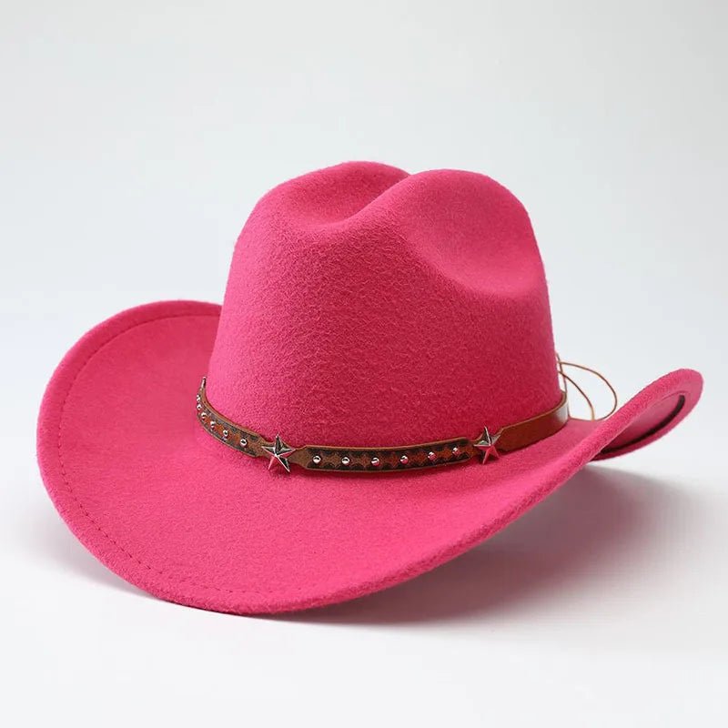 Mandotos International denim cowboy hats for men and women, soft woolen Western hats with five-pointed star belt detail.