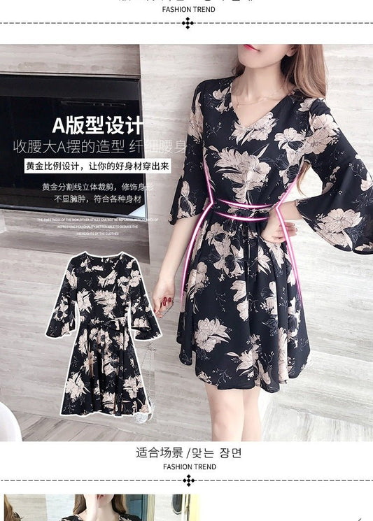 Mandotos International floral summer dress for women, Korean style, slim fit, perfect for fashion-forward students in summer 2019.