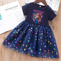 Girls summer princess dress by Mandotos International with short sleeves and gauze skirt, featuring a cute hunter witch design.