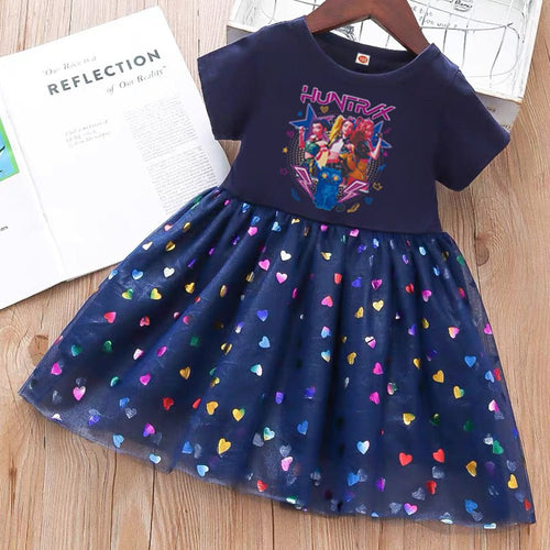 Girls summer princess dress by Mandotos International with short sleeves and gauze skirt, featuring a cute hunter witch design.
