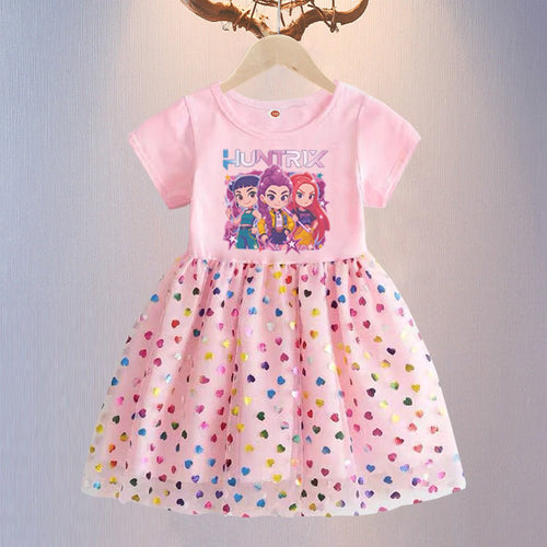 Girls summer princess dress by Mandotos International, short-sleeved gauze skirt with a whimsical hunter witch design for children.