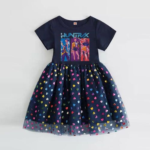 Girls summer princess dress by Mandotos International with short sleeves and gauze skirt, featuring a playful hunter witch design.