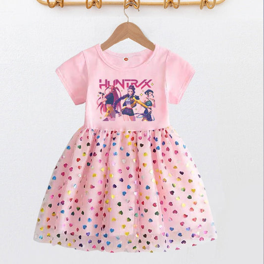 Girls' summer short-sleeved princess dress by Mandotos International, featuring a gauze skirt and charming hunter witch design.
