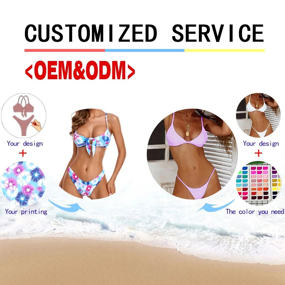 Solid color circular ring bikini set by Mandotos International, featuring V-neck, backless design, and split style for women’s beach wear.