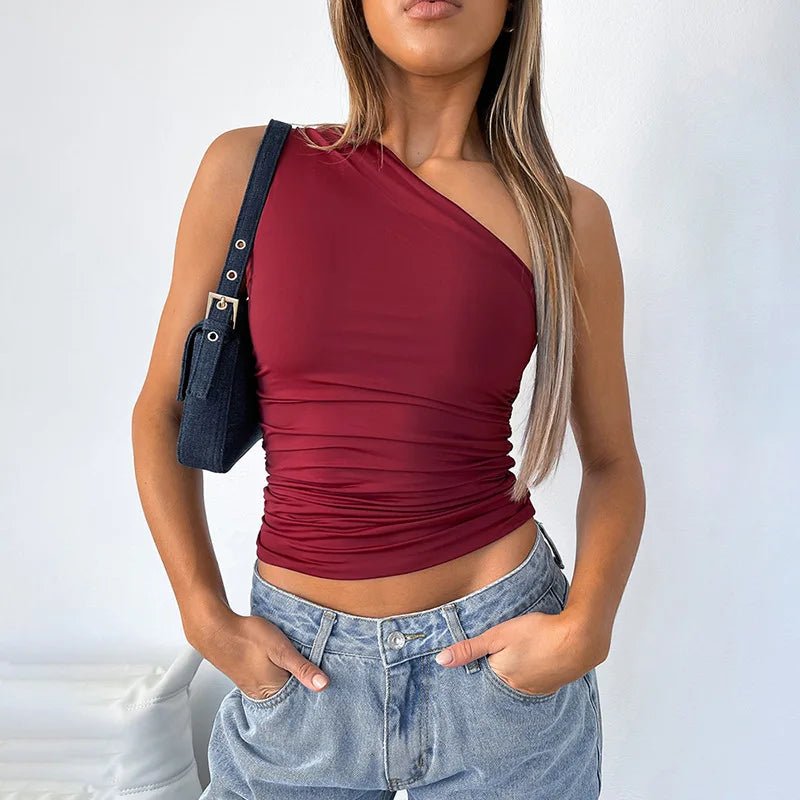 Mandotos International one-shoulder backless tank top in candy color, sleeveless casual t-shirt for stylish summer wear.