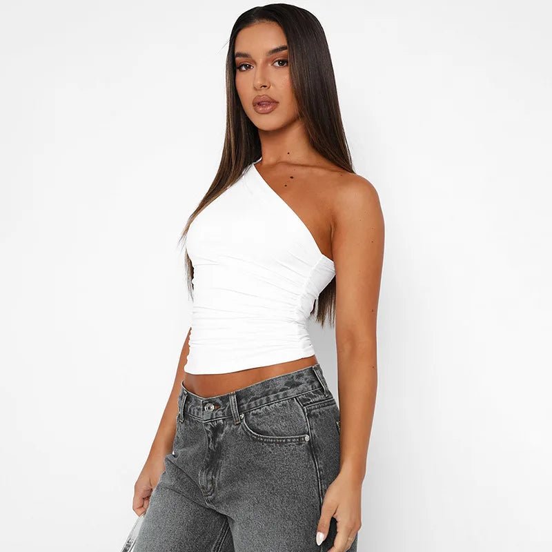 Mandotos International one-shoulder backless tank top in candy color, sleeveless casual T-shirt with a stylish, modern fit.