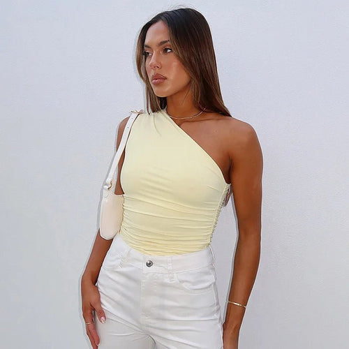 Mandotos International one-shoulder backless tank top in vibrant candy color, sleeveless casual t-shirt for stylish summer wear.