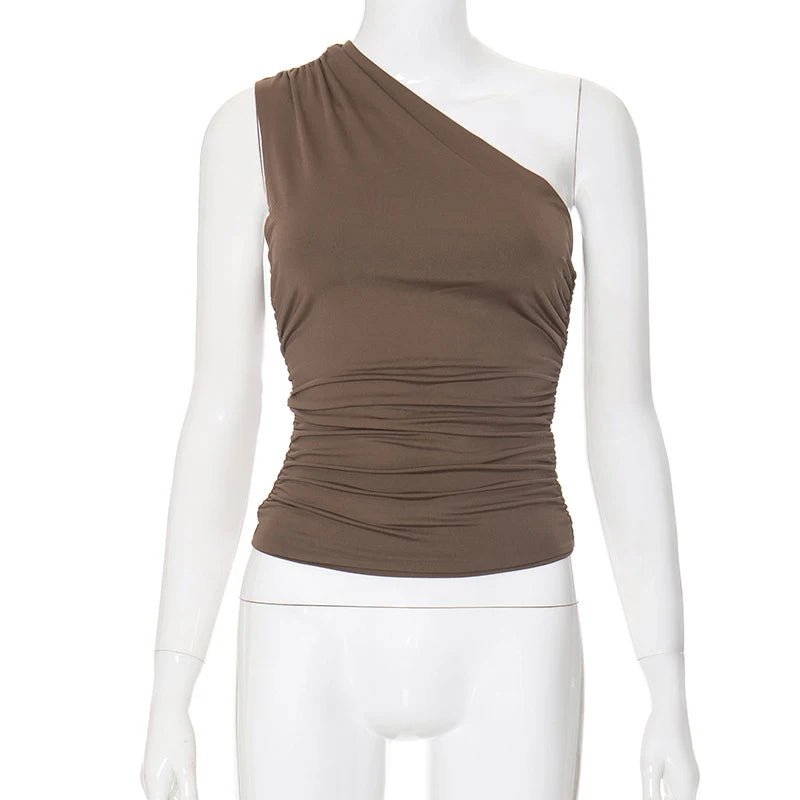 Mandotos International one-shoulder backless tank top in vibrant candy color, sleeveless casual T-shirt for women.