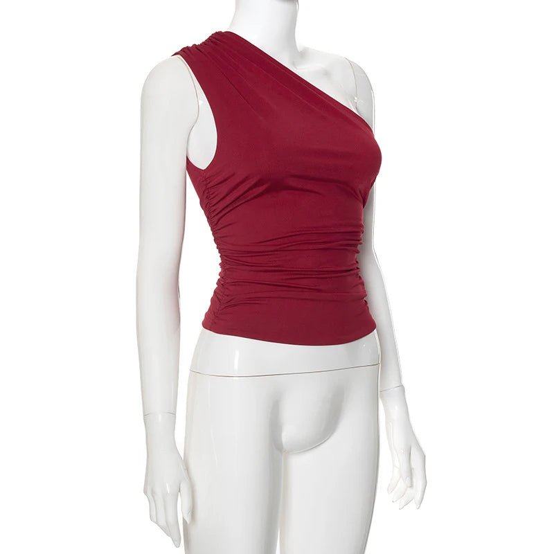 Mandotos International one shoulder backless tank top in candy color, sleeveless casual T-shirt, stylish and comfortable for warm weather.