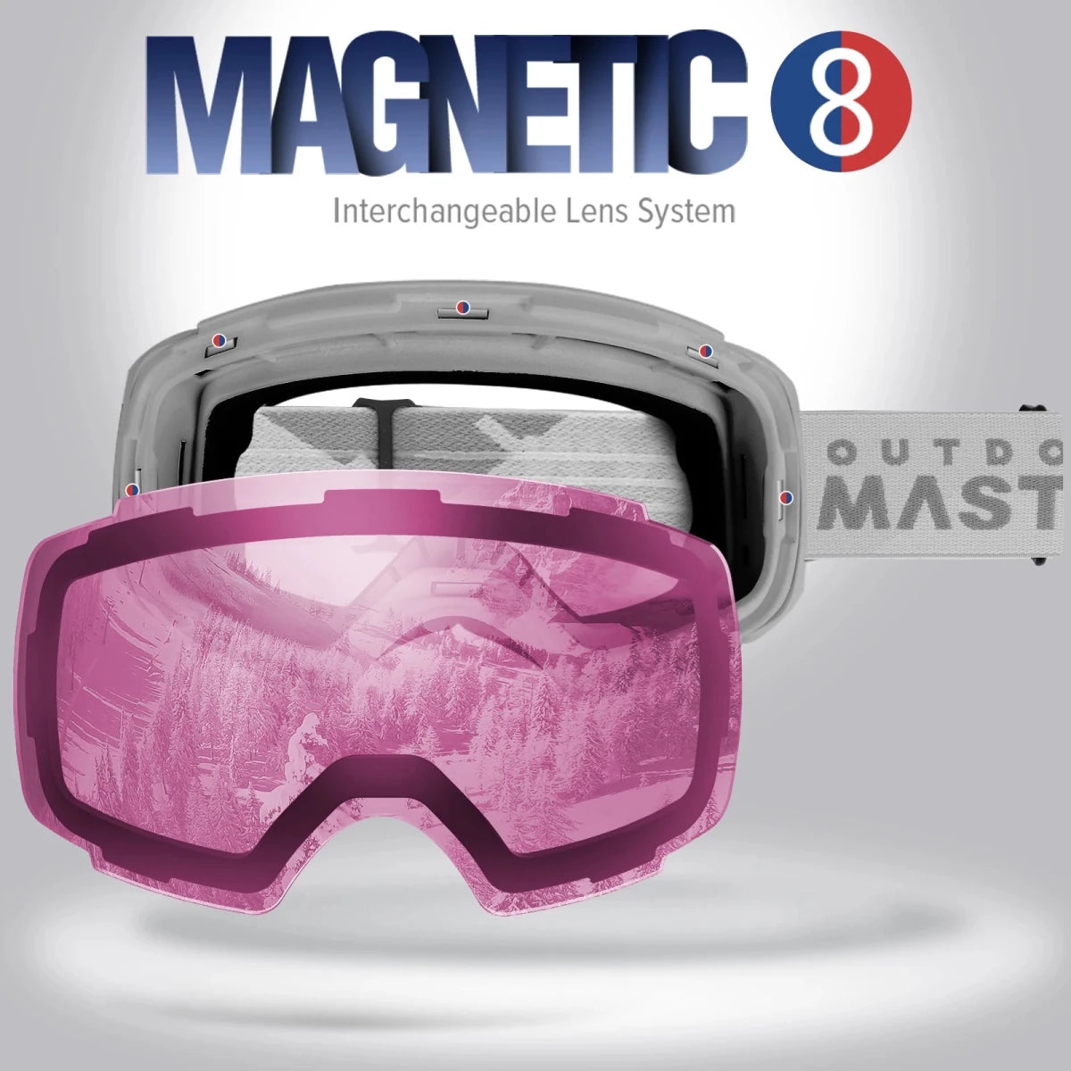OutdoorMaster ski goggles with full-coated spherical lenses from MANDOTOS INTERNATIONAL, featuring a sleek design for winter sports.