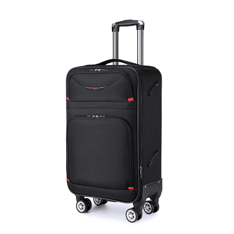 Mandotos International Oxford unisex travel bag with large zipper canvas luggage, secure lock, and spacious storage for travel.