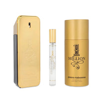 Paco Rabanne Million Man 3-set including Eau de Toilette, deodorant, and travel spray, displayed with bottles and packaging.