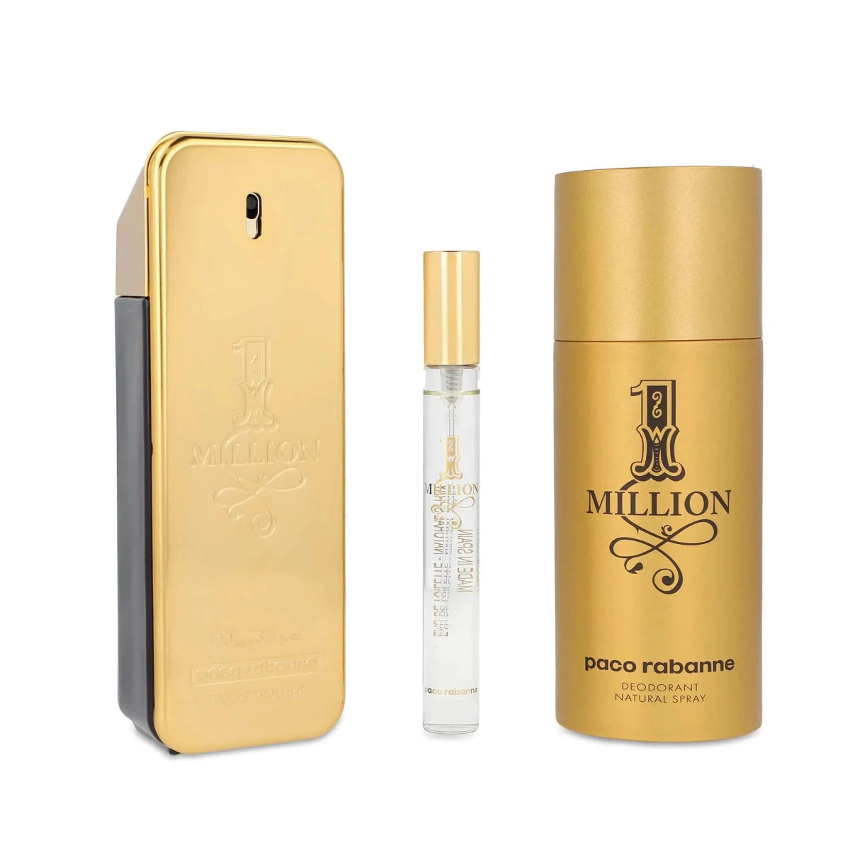 Paco Rabanne Million Man 3-set including Eau de Toilette, deodorant, and travel spray, displayed with packaging and product bottles.