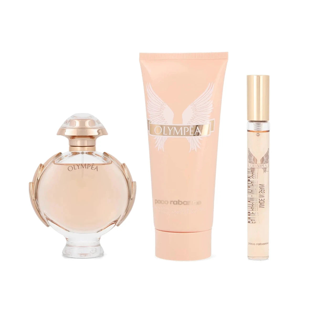 Paco Rabanne Olympea 3-piece set for women includes 2.7 oz Eau de Parfum spray, 3.4 oz body lotion, and 0.33 oz travel spray.