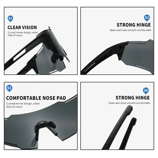Mandotos International PC cycling sunglasses with adjustable nose clip, UV400 protection, windproof design, ideal for bike riding and sports.